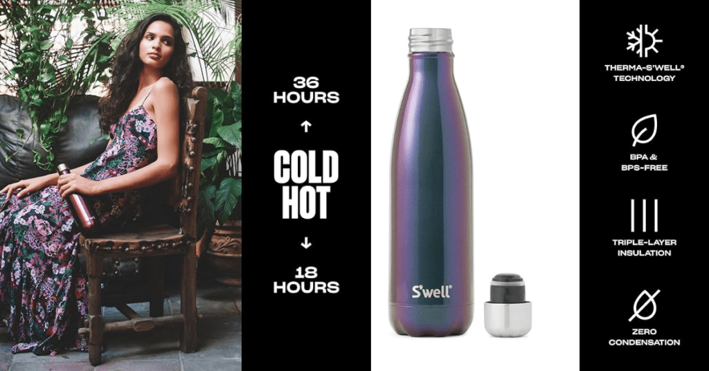 S'well Stainless Steel insulted Water Bottle, a girl sitting on chair with holding an insulated water bottle
