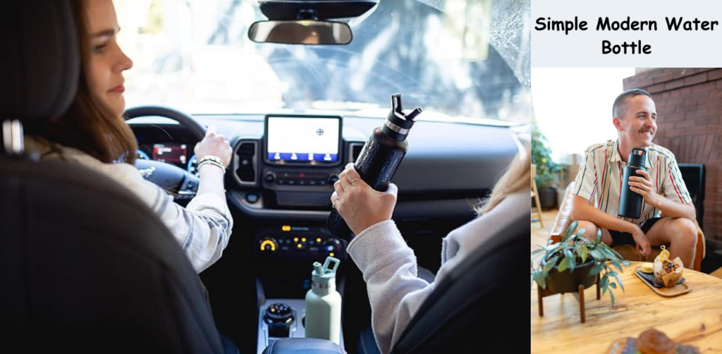 simple modern insulated water bottle of black color holding by a girl sitting in car