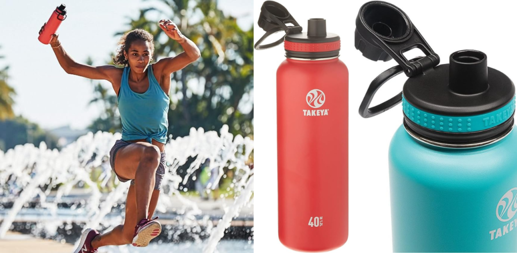 Takeya Originals Vacuum-Insulated Stainless-Steel Water Bottle, a girl holding Takeya water bottle of red color of 40 oz and jumping