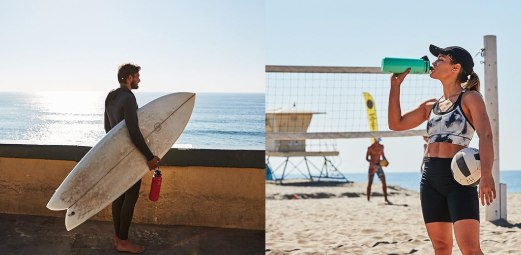 a boy holding Takeya water bottle at beach and a girl holding a ball drinking water from Takeya insulated stainless steel water bottle