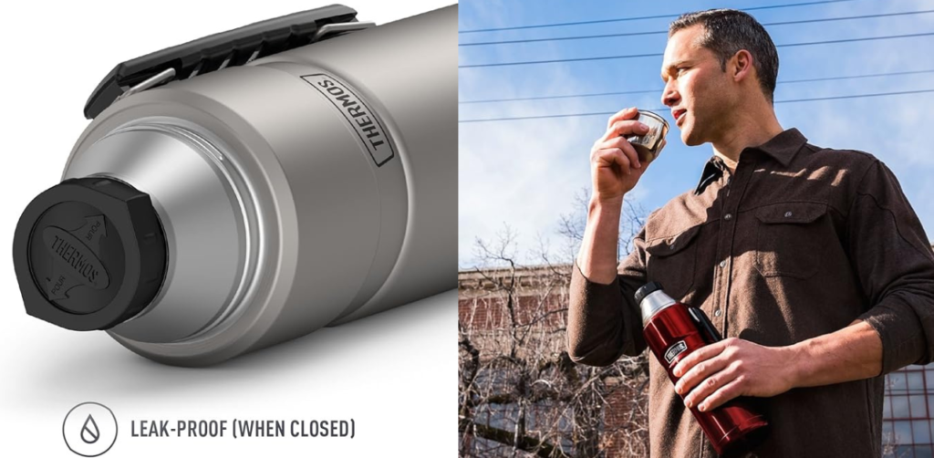 Thermos Stainless King Vacuum-Insulated Bottle and a man drinking water in the cap of bottle