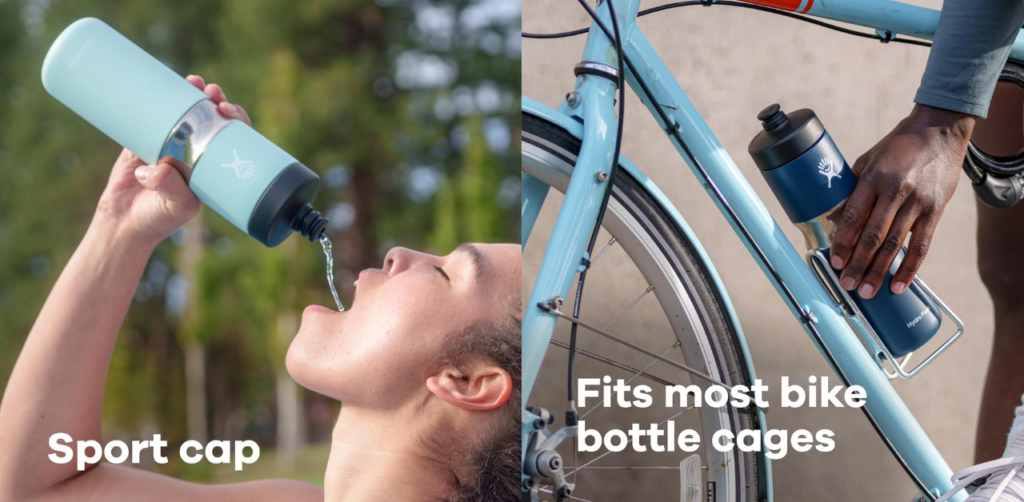 A man drinking water from hydro flask sports water bottle and one bottle in cycle