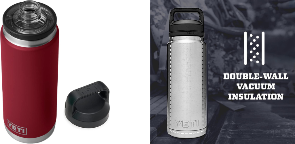 Yeti Rambler Sports Bottle of red and silver color with black lid