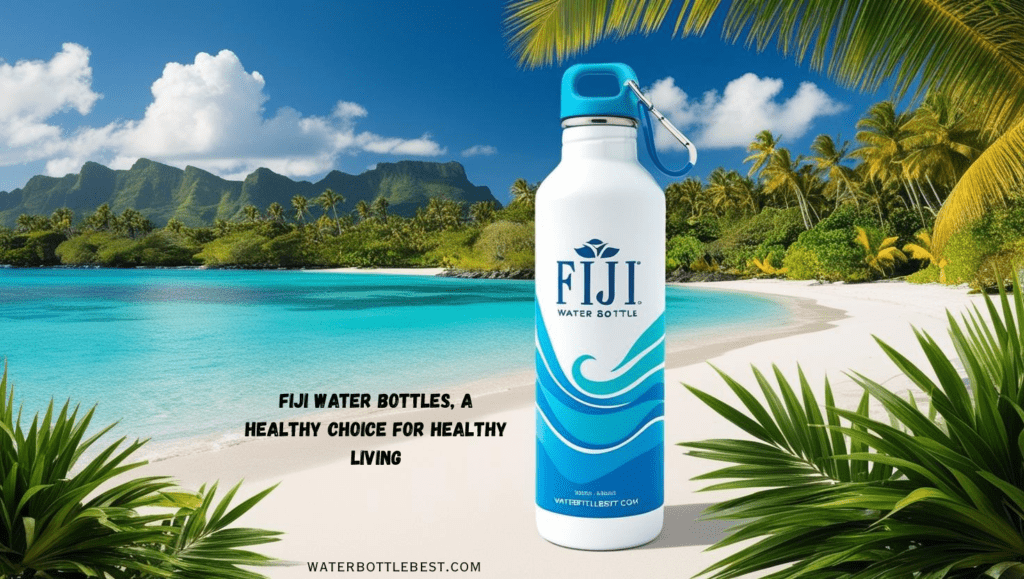 a Fiji water bottle with backdrop of Fiji’s tropical paradise