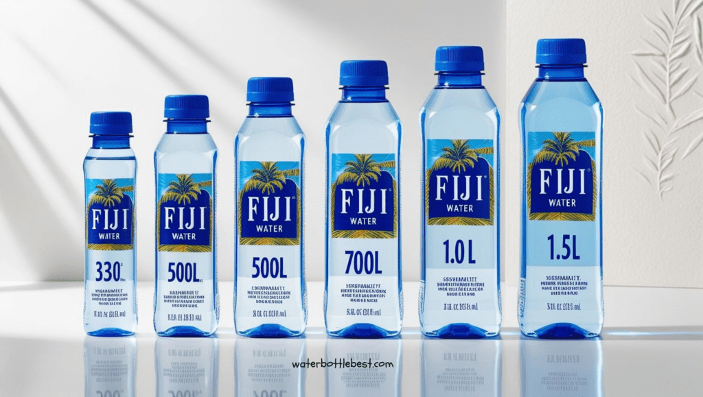 fiji water bottles in different sizes, 330 mL, 500 mL, 700 mL, 1.0 L, and 1.5 L, naturly arranged
