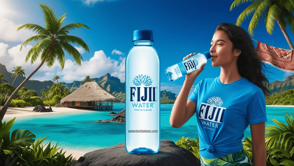A gril wearing t shirt of the monogram of Fiji water and drinking water with Fiji Water Bottle